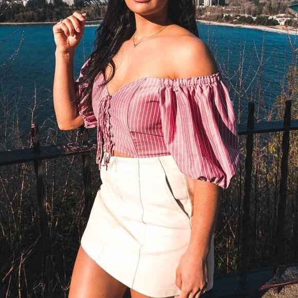 WAYF by Nordstrom Frankie Crop Top Lace Up Front Corset Off Shoulder Red Stripe - Picture 10 of 15